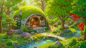 幽静树林溪边小屋