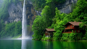 湖边瀑布小屋风景