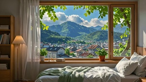 山间卧室窗景