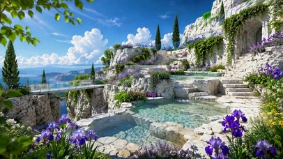 悬崖花海清池治愈风景