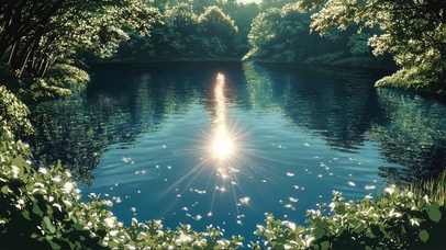 绿色森林清澈湖畔倒影