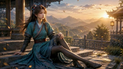 古风亭台落日美少女