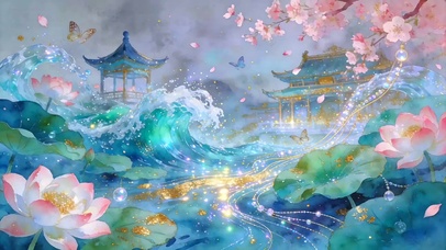 樱落古亭碧浪荷间碎金流
