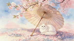 樱花伞下猫咪