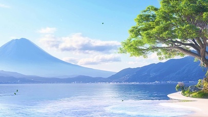 护眼白云树木河流带鱼屏