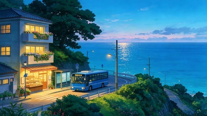 沿海黄昏海边小镇
