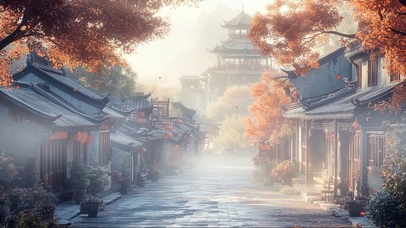 秋日朦胧清晨小城风景