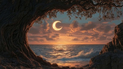 傍晚树洞浪漫弯月海滩