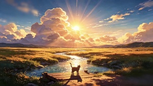 夕阳河畔流浪小猫