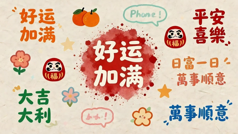 好运满祝福文字涂鸦插画，散布橘子、达摩娃娃与彩色小花。