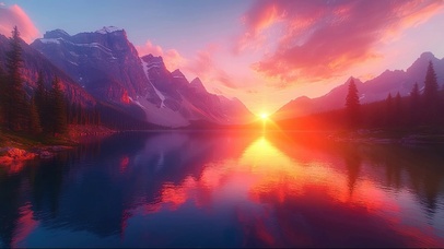 粉色朝霞日出高山湖泊