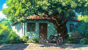 大树下绿荫小屋