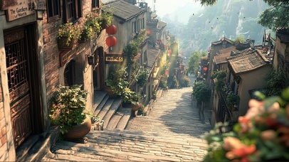 漫步静谧古城建筑阶梯