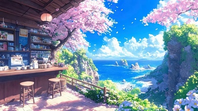 樱花树木海景