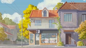 治愈插画日系街道路口咖啡屋