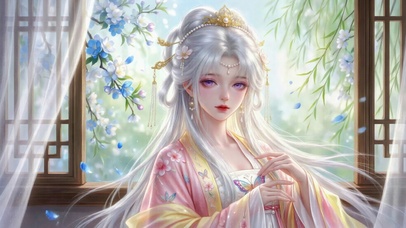 窗边银发古风汉服美人