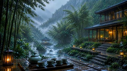 山水竹林木屋