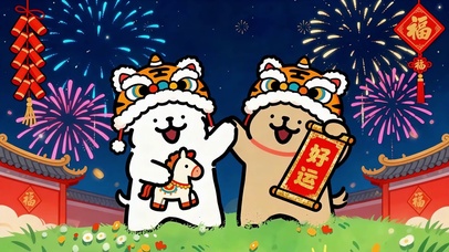 烟火新年线条小狗