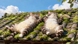 小清新moss屋顶胖猫兄弟晒阳