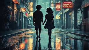 城市雨中漫步的情侣
