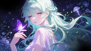 星空紫蝶薄荷绿发少女