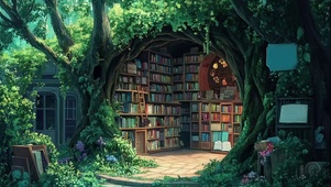 绿色夏日森林小屋书店