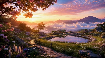 日落云海山间花海治愈风景