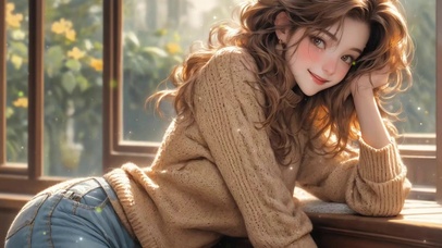 窗台牛仔美少女