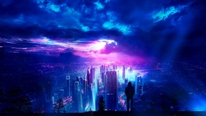 男孩高处看梦幻城市