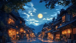 夜晚静谧温馨古城街道
