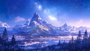 积雪高山松林小镇夜景