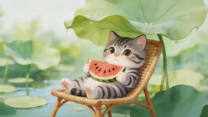 荷叶下西瓜猫咪