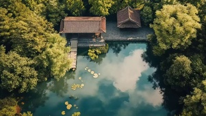 绿色护眼森林湖畔古建