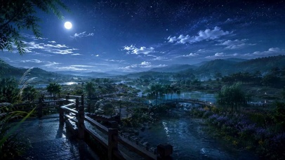 月下山水夜景