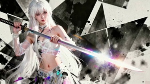 白发性感纯欲小蛮腰长剑水墨少女