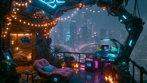 科幻城市雨夜房间