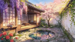 紫藤树下木屋