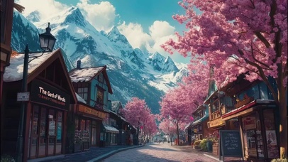 晴天雪山春日唯美小镇