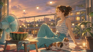 夏日傍晚阳台少女与猫