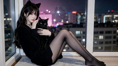 夜景窗边猫耳美女抱黑猫