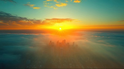 云端俯瞰落日城市风光