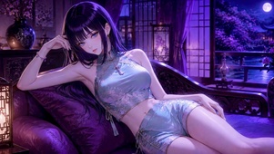 紫发旗袍古风美女月下小憩