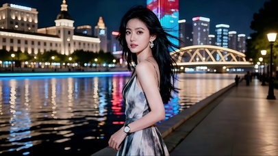 江边夜景映衬下的长发美女