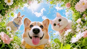 花丛探头的三小只