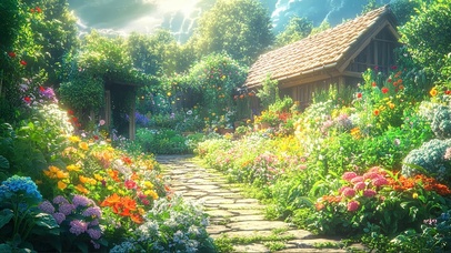 阳光清新鲜花小屋庭院