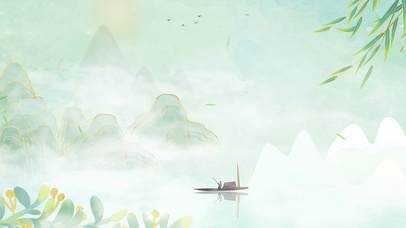 中国风水墨清新山水绿色行舟