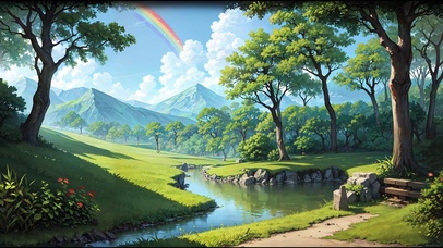 夏季绿山水彩虹云