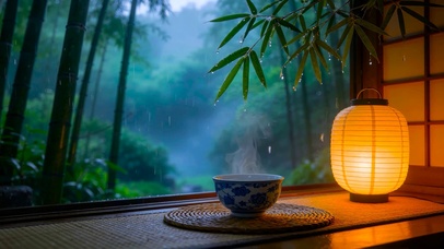 窗外竹叶雨景