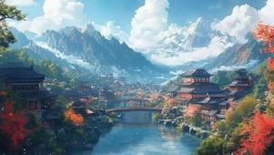 清新蓝天古风溪流小镇
