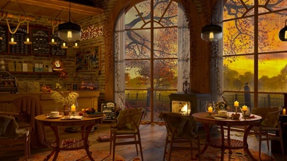 4K唯美秋叶雨天咖啡馆